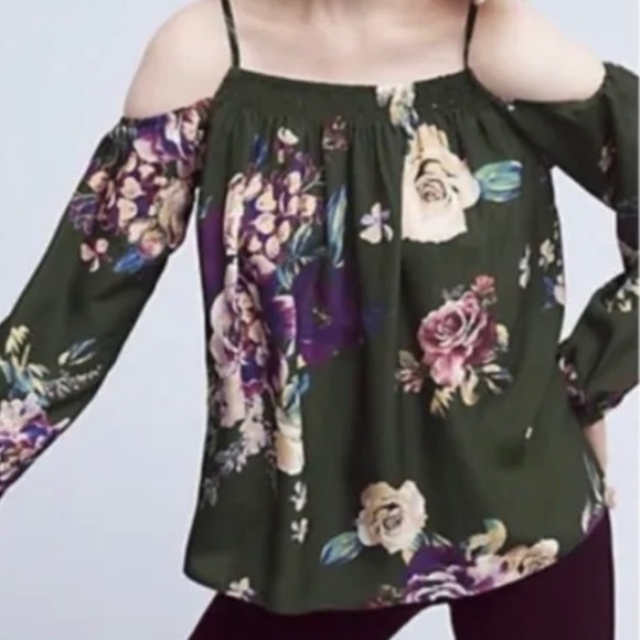 ANTHROPOLOGIE (Maeve) Tallie Green Floral Open-Shoulder Silk Top- Size X-small - Picture 3 of 11